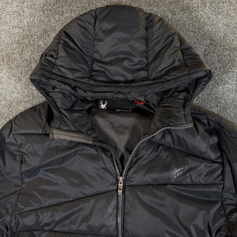 Spyder Mens Black Hooded Puffer Jacket Full Zip Quilted Insulated Coat Medium